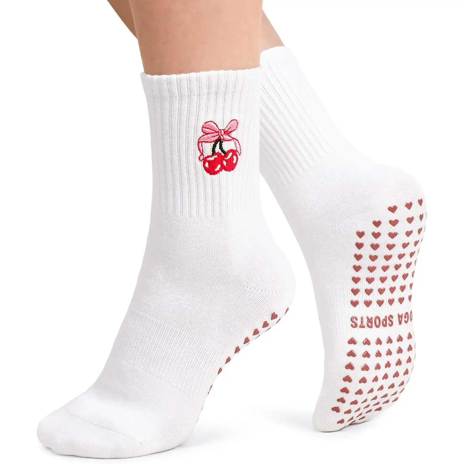 Women's Embroidered Pilates Socks with Non-Slip Grips, Cute Cotton Grip Socks for Yoga, Barre, Hospital - Wine Glass Design, Christmas & Thanksgiving Gift, Baby Shower, Valentine's Day, Rehab, Birthdays, Physiotherapy, Dry Feet Solutions, Female