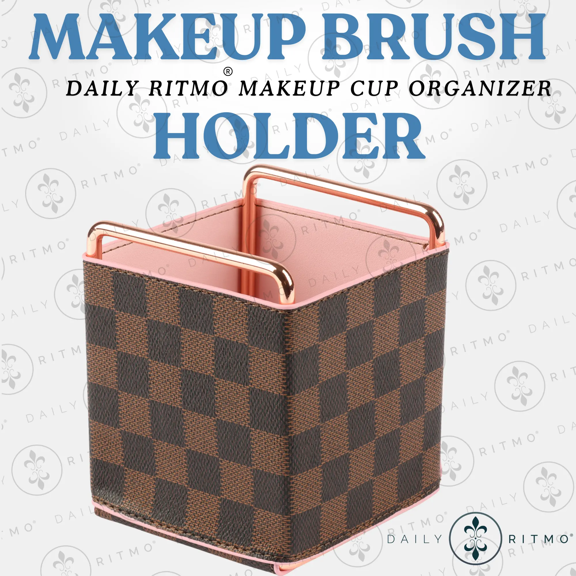 DAILY RITMO Checkered Makeup Brush Holder for Vanity | PU Leather Makeup Cup Essential Accessories Organizer