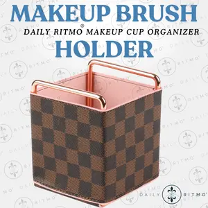 DAILY RITMO Checkered Makeup Brush Holder for Vanity | PU Leather Makeup Cup Essential Accessories Organizer