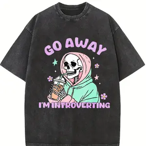 Men's Funny Introvert T-Shirt "Go Away I'm in a Social Panic" - Heavy Washed Cotton Oversized Vintage Streetwear Shirt with Pink & Blue Suitable for Casual Daily Wear, Machine Washable Humorous Design for Introvert Gifts