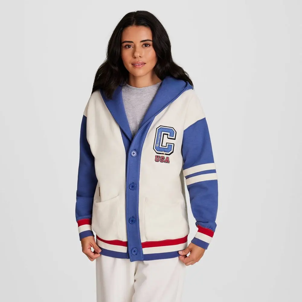 Champion Women's Gold Medal Hooded Cardigan, Fabric, Ribbed, Polyester, Vintage, Garment, Button