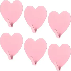6PCS Self Adhesive Hooks Heart Shaped Cute Removable Wall Hook Stainless Steel No Damage Sticky Hooks for Hanging, Kids Room Funky Hook for Wall Towel Backpack Coat(Pink)