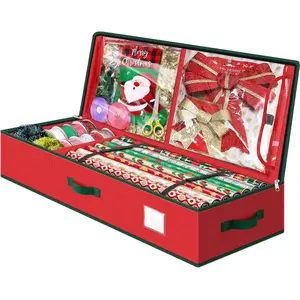 Christmas Wrapping Paper Storage Containers, 40 Inch  Wrap Organizer, Visible Supplies Pockets for Xmas Accessories, Underbed Storage for Christmas Decorations, Red