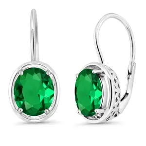 925 Sterling Silver Green Simulated Emerald Dangle Earrings For Women (3.00 Cttw, Oval 9X7MM)