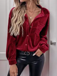Women's Velvet Button Front Drop Shoulder Blouse, Elegant Long Sleeve Collared Top for Fall & Winter, Women's Clothing for Daily Wear, Shirts, Womenswear