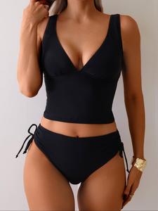 women's solid v neck tankini set, casual sleeveless swim top & drawstring swim bottom, ladies swimsuit for beach holiday vacation