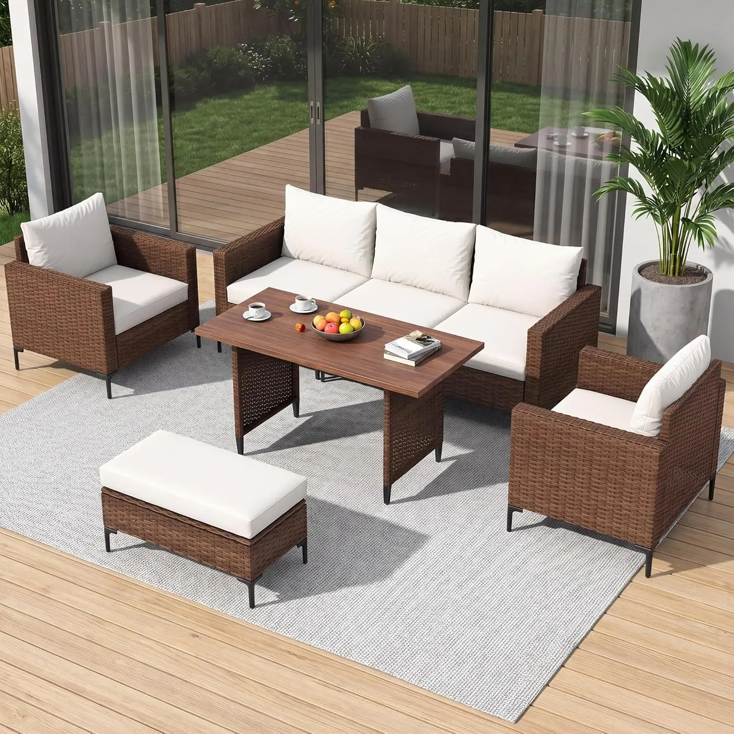 LAUSAINT HOME 5 Pieces Outdoor Patio Furniture Set, PE Wicker Sectional Conversation Sofa with Adjustable Backrests, Storage Ottoman & Wood Table with Umbrella Hole, Beige