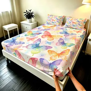 3Pcs Colorful Butterfly Dance Series Fitted Sheet (without Pillow Inserts), Breathable and Skin-Friendly Fabric, High-Elastic Edges Fit the Bed Closely, Suitable for Bedrooms and Guest Rooms, with Practicality and Romantic Soft Charm.