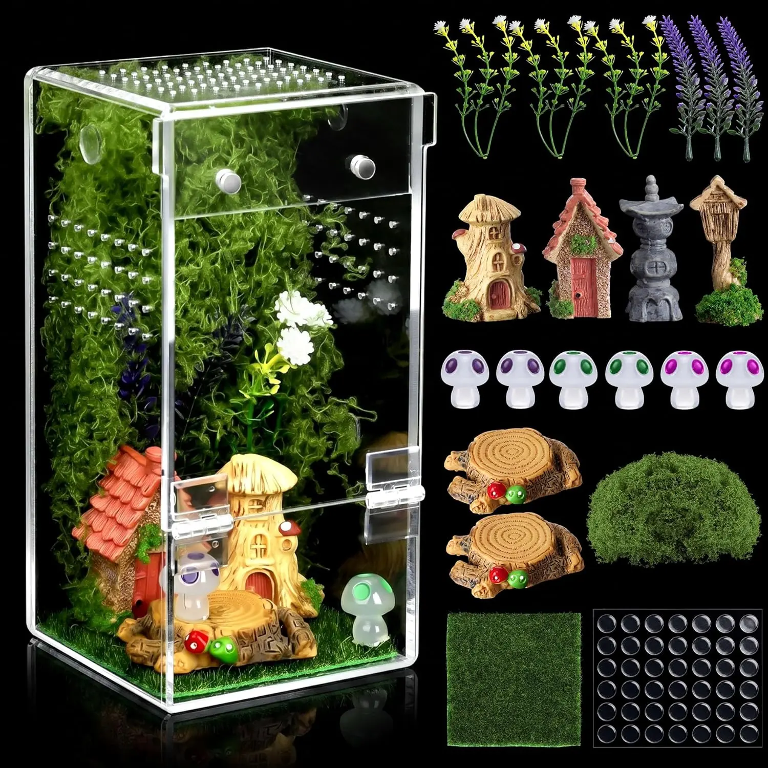 Spider Enclosure Kit – Escape-Proof Terrarium for Jumping Spiders, Small Insects – Complete Habitat with Spider Cage, Plants, Moss, and Accessories – Ideal Starter Kit
