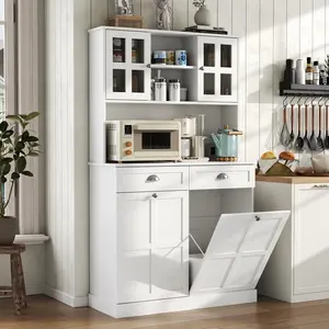 Loomie 68" White Double Tilt Out Trash Cabinet with 2 Drawers & Hutch,Tall Kitchen Pantry Storage Cabinet, 20 Gallon Hidden Trash Can Cabinet for Kitchen