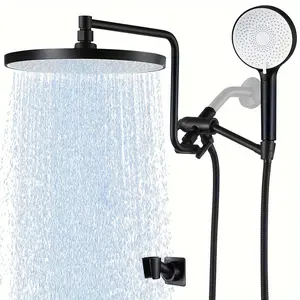 [High-Pressure Rainfall Showerhead Combo] 3-Mode High-Pressure Rainfall Showerhead Combo - 10-Inch Showerhead, 12-Inch Adjustable Extension Arm, 3-Way Shower Toggle Valve - 71-Inch Extra Long Hose, Black