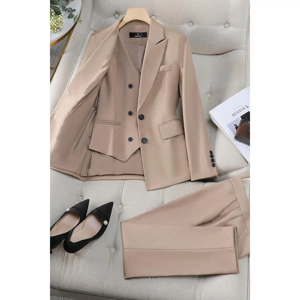 9536 khaki suit+pants+vest