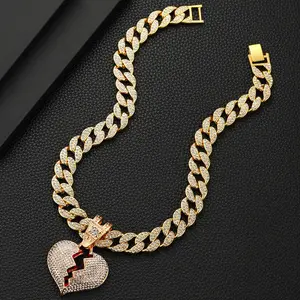 New Alloy Broken Heart Oil Drip Pendant Cuban Chain Necklace, European and American Street Style 3D Full Diamond Heart Pendant