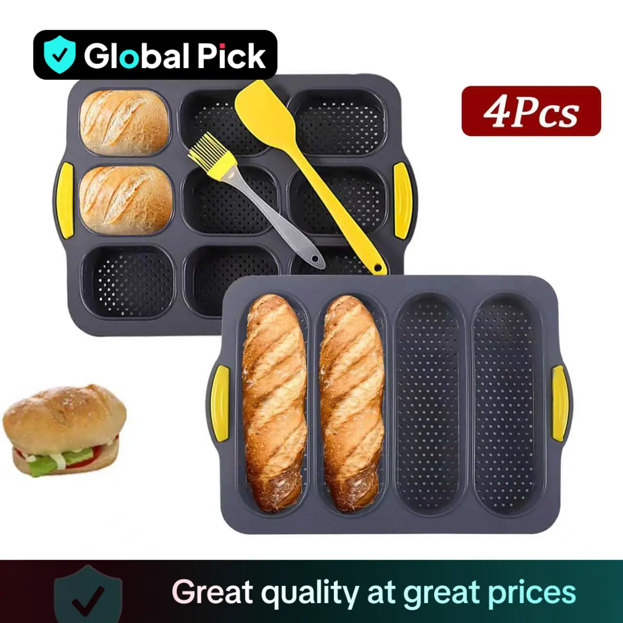 Silicone Baguette Baking Mold, 4 Counts/set Including 2 Counts Baguette Food Baking Pan with Spatula & Oil Brush, Heat Resistant Bakeware Non-stick Ba