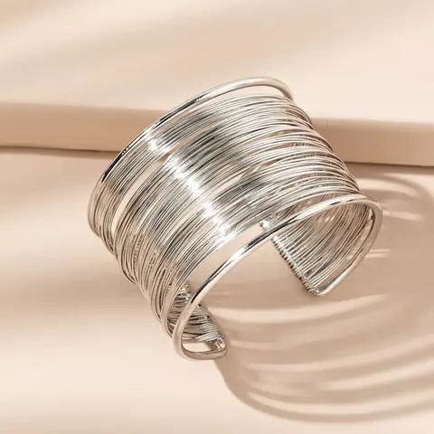 Adjustable Silver Color Cuff Bracelet for Women, Wide Wire Mesh Open Bangle, Elegant Geometric Design, All-Season Minimalist Jewelry Gift, Trendy Bangle