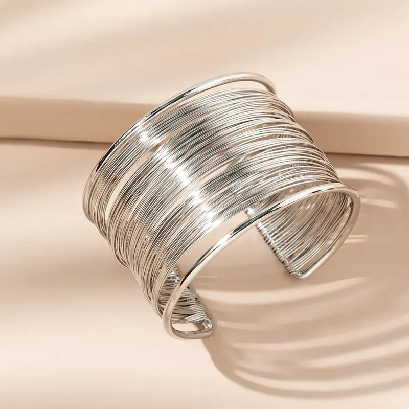Adjustable Silver Color Cuff Bracelet for Women, Wide Wire Mesh Open Bangle, Elegant Geometric Design, All-Season Minimalist Jewelry Gift, Trendy Bangle