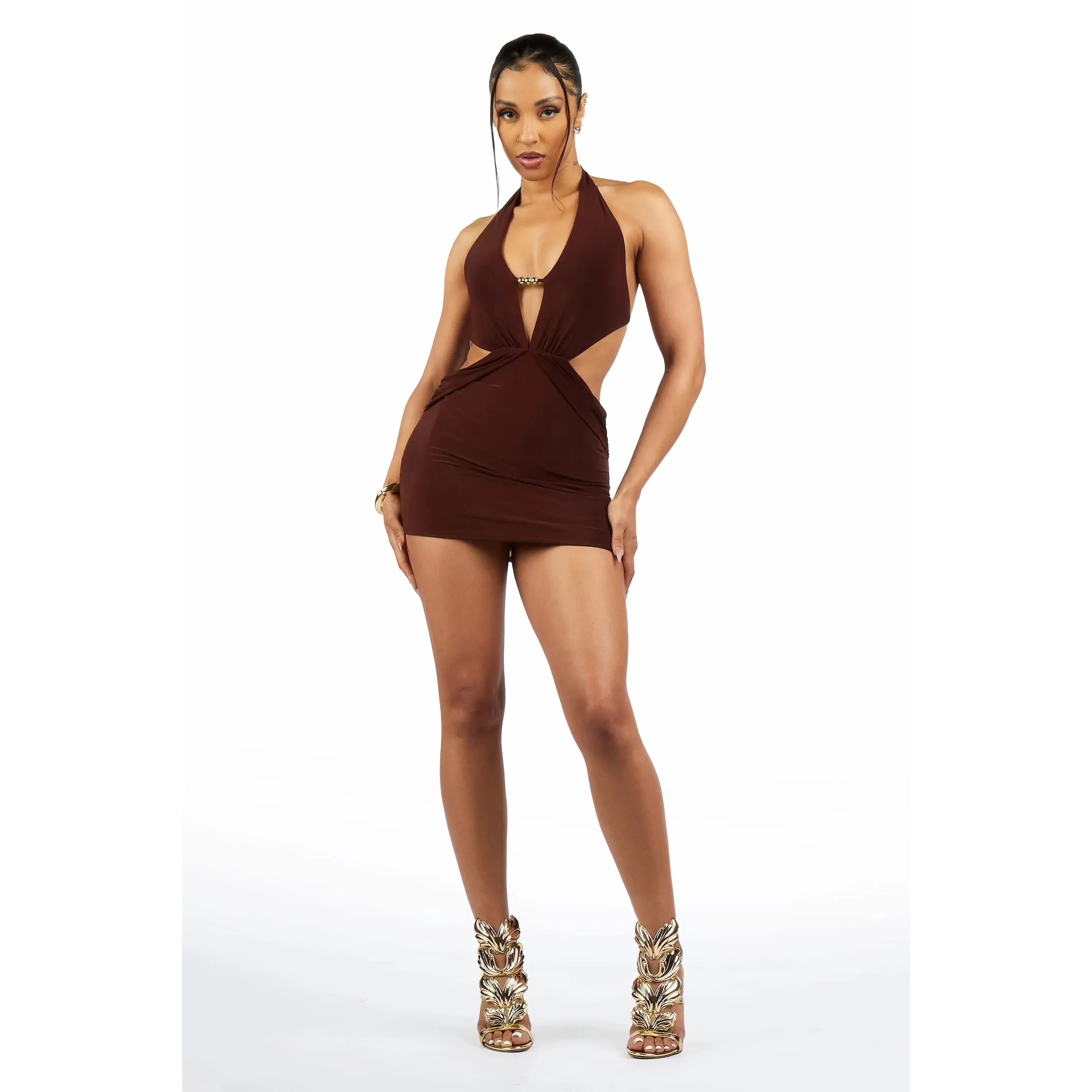 Gold-Bar Cut-Out Chocolate Mini Dress