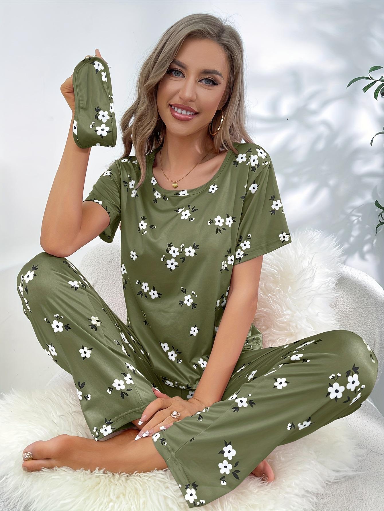 Womens Summer Sleepwear Set - Printed Round Neck Short Sleeve Top and Pants - Comfortable Home Pajama Two-Piece