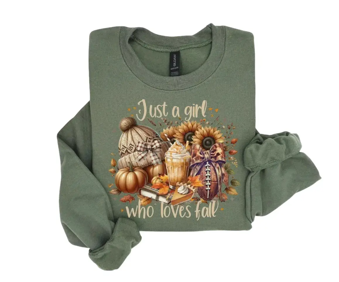 Women's Gildan Pullover Sweatshirt or T-Shirt - "Just a Girl Who Loves Fall" Pumpkin Graphic, Cozy Autumn Top, Minimalist Clean Lines, Versatile Cute Fall Gift