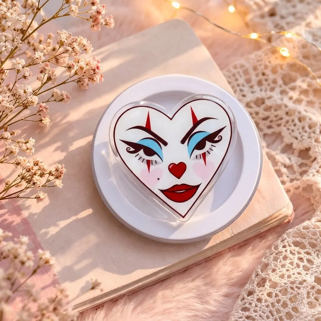"Heart Clown" Aesthetic Phone Grip Clear Acrylic Griptok - Siren Clowncore Cell Phone Stand Holder, Unique Harlequin Makeup Heart Kindle Ereader Ring Accessory, Trendy Gift for Bold Fashion Lovers