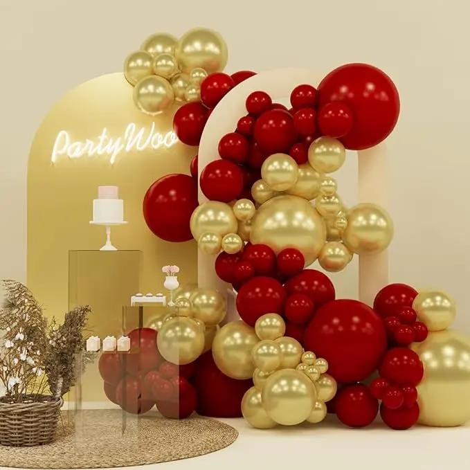 PartyWoo Red and Gold Balloons, 140 pcs Ruby Red and Gold Balloons Different Sizes Pack of 18 12 10 5 Inch for Balloon Garland or Balloon Arch as Birthday Decorations, Party Decorations
