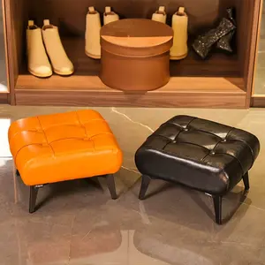 High-quality Waxed Leather Low Ottoman Padded Footstool Stylish Multi-functional Sofa Side Stool Shoe Changing Stool for Living Room Hallway Entryway Bedroom Home Decorative Furniture