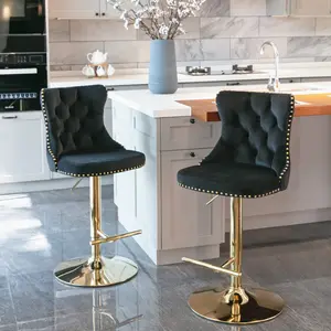 Golden Swivel Velvet Barstools Set of 2 Adjusatble Seat Height from 25-33 Inch, Modern Upholstered Bar Stools with Backs Comfortable Tufted for Home Pub and Kitchen Island