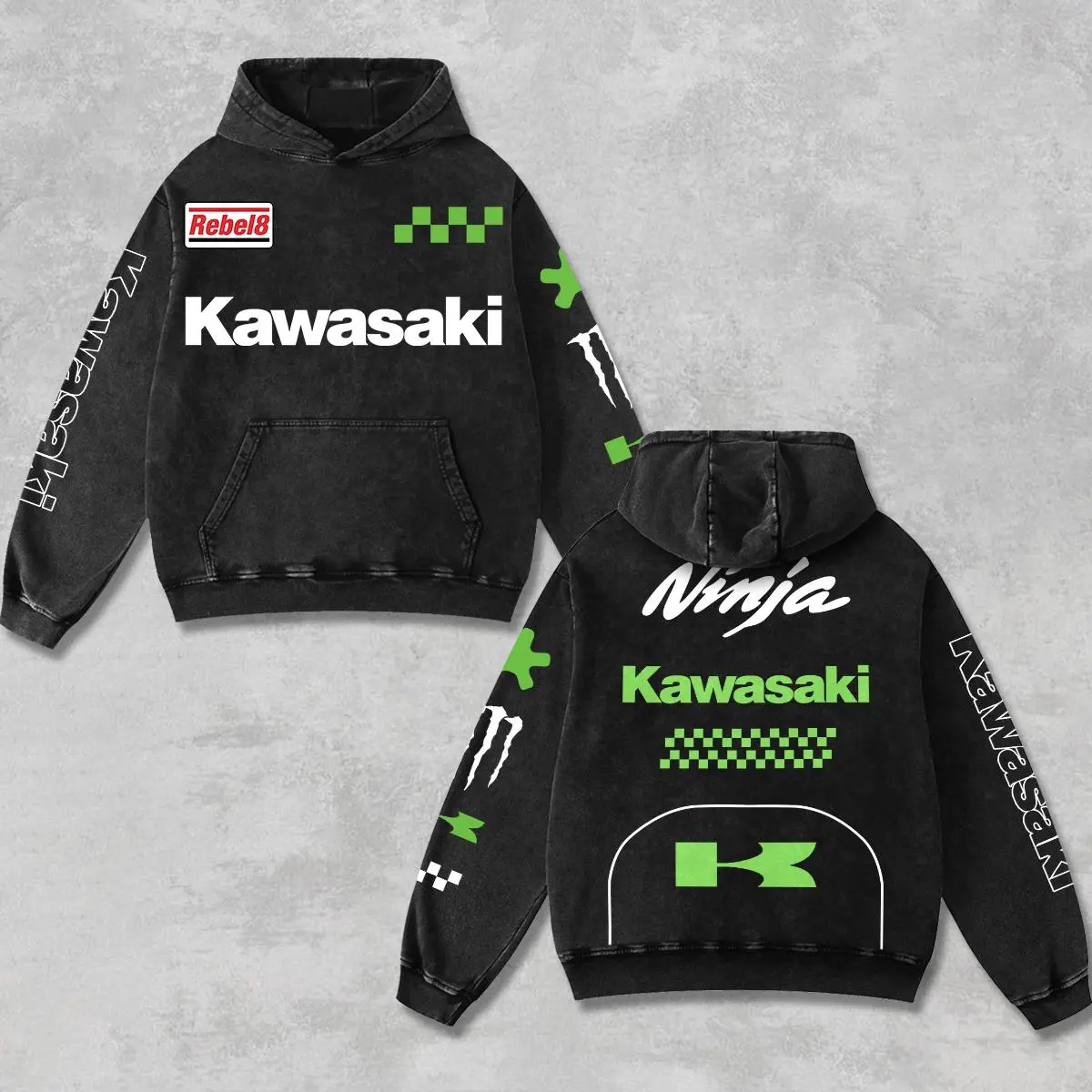 Retro Monster x Green Kawasaki Ninja Racing Hoodie Acid Washed, Motor World Championship Enthusiast, Motorcycle Off-Road Dirt Bike Graphic Streetwear, Heavyweight Biker Sweatshirt, Retro Moto Gear Motorbike Apparel Men’s Grunge Y2K Racing Jacket Style