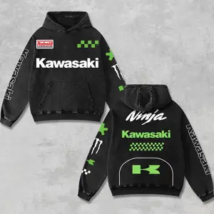 Retro Monster x Green Kawasaki Ninja Racing Hoodie Acid Washed, Motor World Championship Enthusiast, Motorcycle Off-Road Dirt Bike Graphic Streetwear, Heavyweight Biker Sweatshirt, Retro Moto Gear Motorbike Apparel Men’s Grunge Y2K Racing Jacket Style