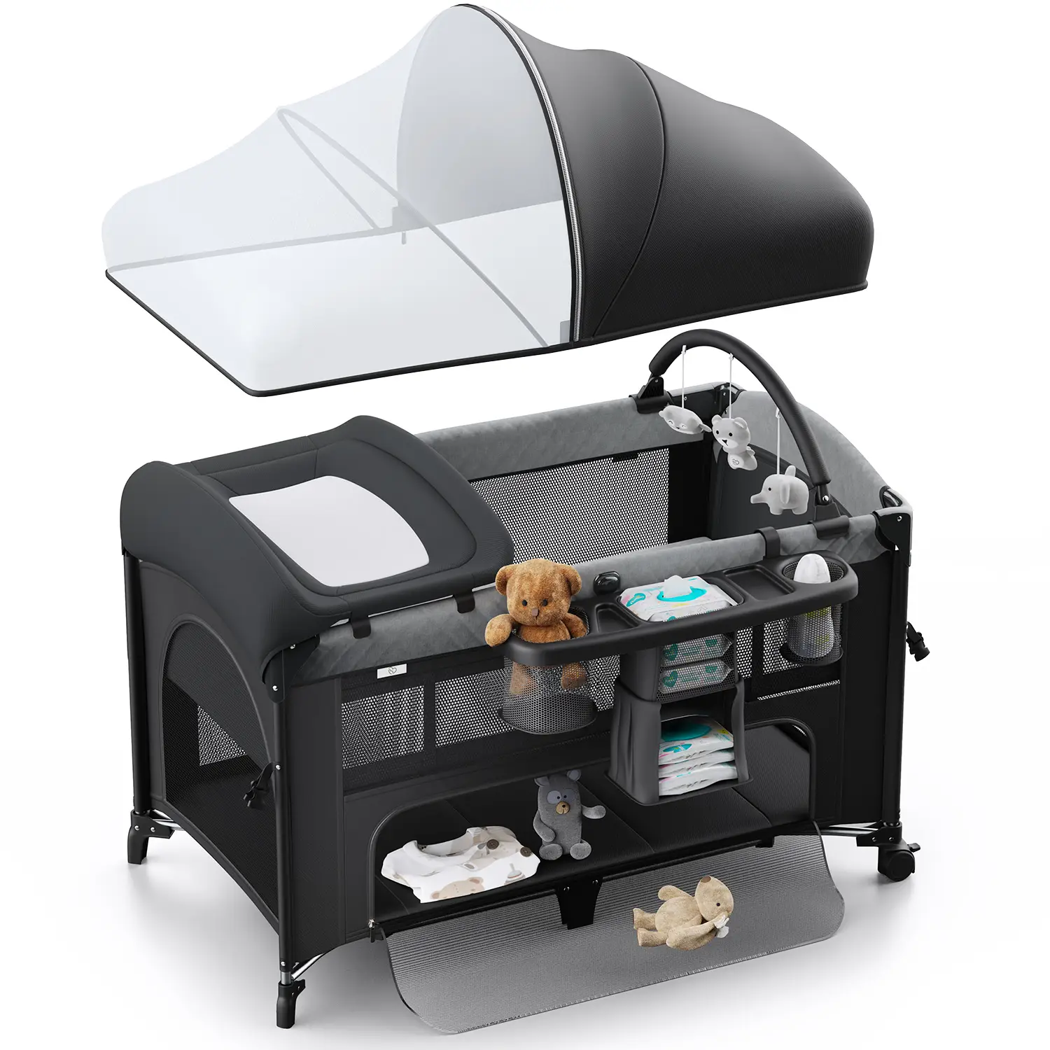 BabyBond Baby Crib 5 in 1 Foldable Baby Bassinets Bedside Sleeper,Large Playard Pack with Mattress, Storage Basket and Mosquito Net, Height Adjustable