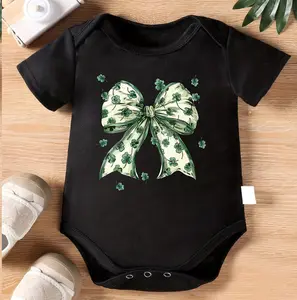 1pc Baby Crawling Suit - Pink Onesie with Shamrock Bow Print - Soft Cotton Outfit for Newborns & Toddlers 0-3 Years - Perfect St Patrick's Day Gift - Machine Washable Infant Wear
