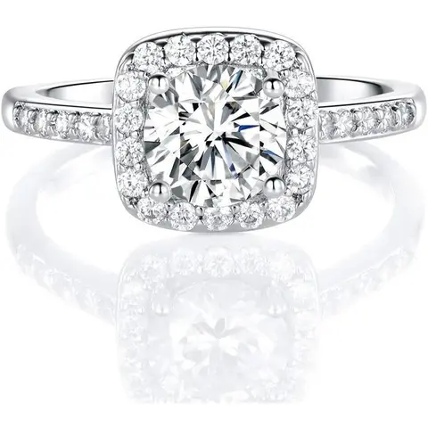 GEMSME Women's Elegant Halo Ring - 1.5CT Round Center AAA+ Cubic Zirconia Diamond Replica, Brass Base, Square Cubic Zirconia Setting, Promise Ring Fashion Costume Jewelry (R-7990)