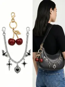 2pcs Y2K Aesthetic Bag Charms Set Vintage Silver Gothic Bat Cross Chain & Cute Coquette Glitter Cherry Keychain Purse Accessories For Women