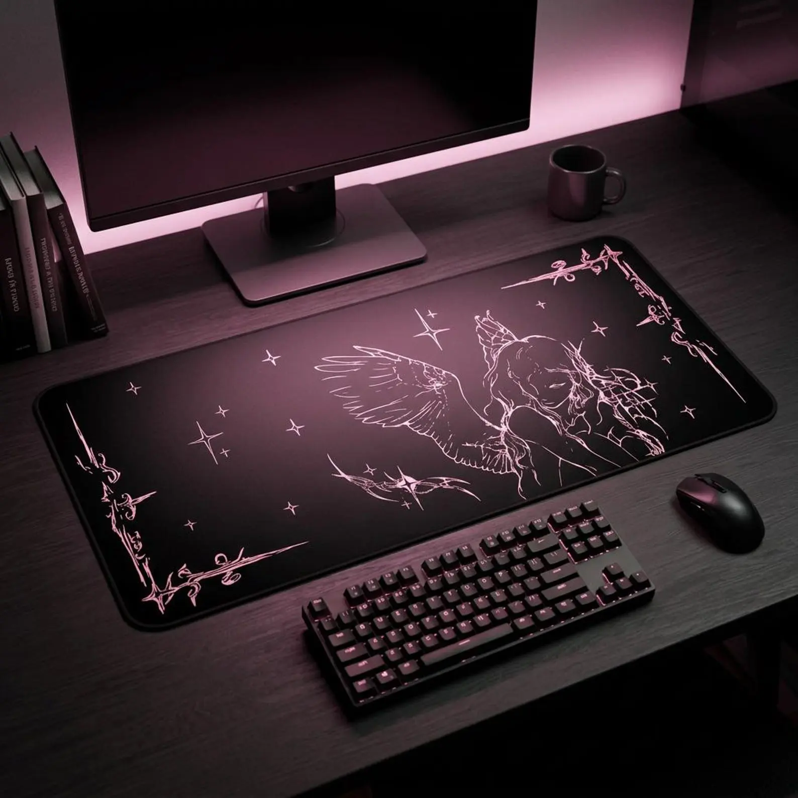 Crying Angel Illustration Desk Mat | Gothic Angel Mousepad, Starry Border – Office Accessories, Gaming Room Essential, Desk Decorations, Work Supllies, Gift for Her/Him