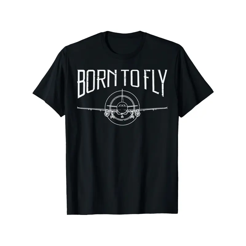 Men's 100% Cotton Aviation Theme T-Shirt - Pilot Born To Fly Printed Logo, Unisex Round Neck Short-Sleeve, Micro Elastic Fitted Cut Casual Outdoor Top with Breathable Fabric