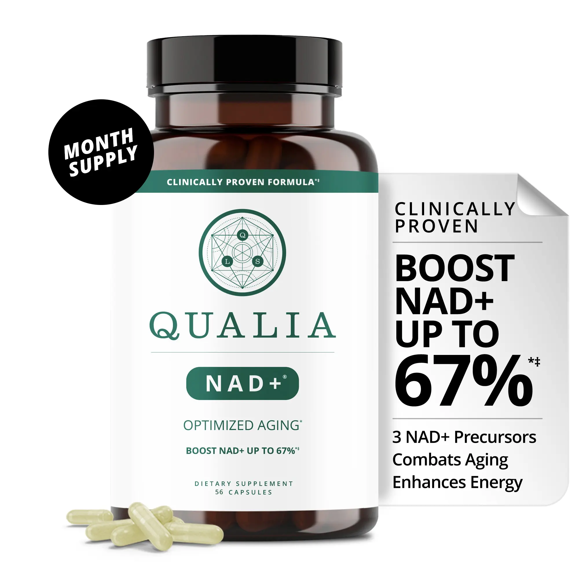 Qualia NAD+ | 1-Month Supply | Clinically Proven to Boost NAD+ up to 67% | Niacin, Niacinamide & NIAGEN (Nicotinamide Riboside) | Optimized Aging, Energy & Focus