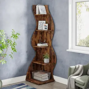 LustreC Corner Shelf, Rustic 5-Tier Wall Corner Bookshelf, Stylish Corner Small Bookcase Storage Rack Plant Stand with Unique Shape for Living Room, Home Office (2PCS/1PCS, Brown)