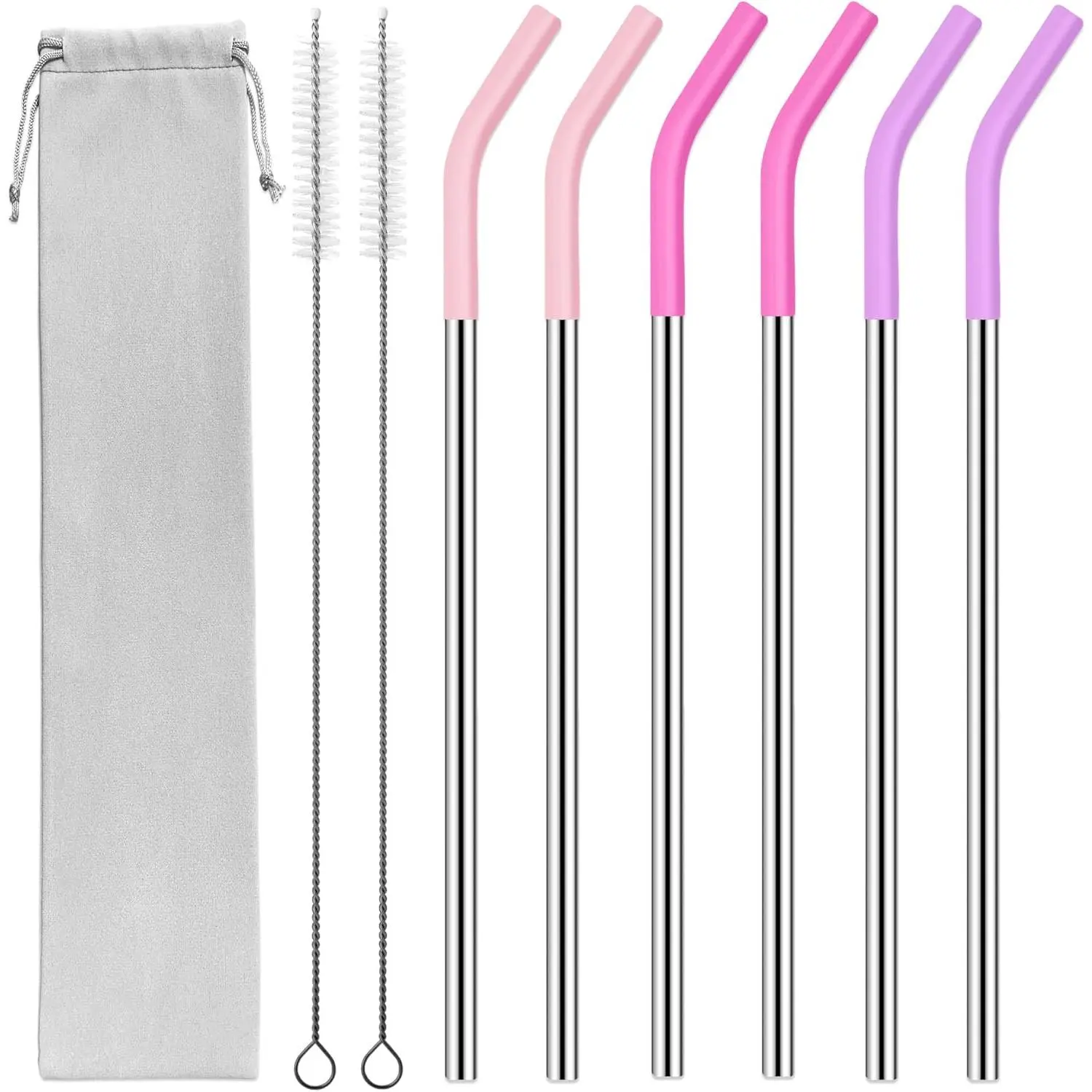 40 oz Stainless Metal Straws for 40 oz  Tumbler, 6 count  Straight Long Steel Straws with 12  Tips and 2 Straw Cleaning Brushes(3Color2, 40oz)