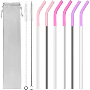 40 oz Stainless Metal Straws for 40 oz  Tumbler, 6 count  Straight Long Steel Straws with 12  Tips and 2 Straw Cleaning Brushes(3Color2, 40oz)