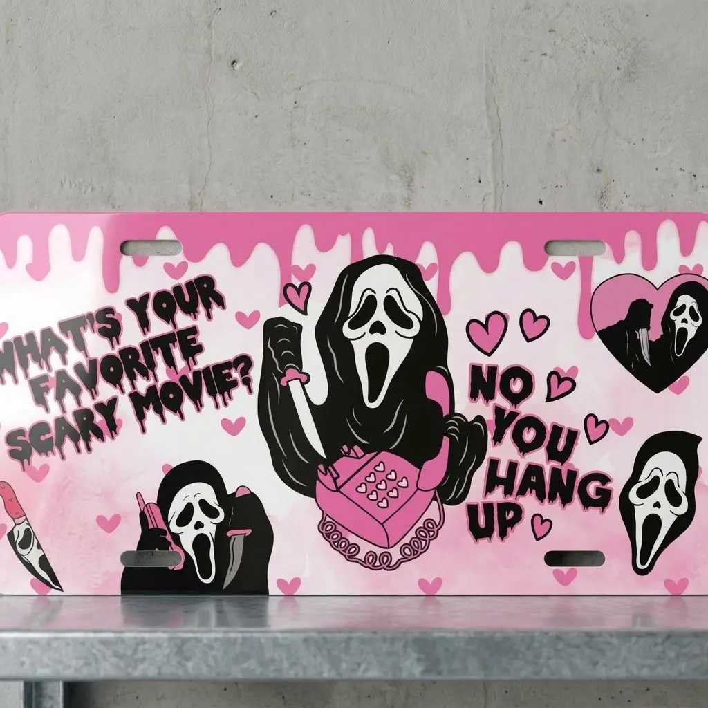 Cute Horror Ghost Vanity License Plate, Pink Gothic Car Decor, Funny Scary Movie Style Aluminum Plate, Halloween Auto Gift For Horror Fans