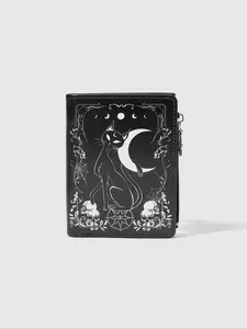 Gothic Moon & Cat Print Multifunctional Wallet, Multi-Card Slots, Zipper Short Purse, Casual Fashion Card Holder, Coin Pouch