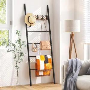 Blanket Ladder, 5-Tier Ladder Shelf with 5 Removable, Wall-Leaning Decorative Blanket Holder with Frame, Industrial Display Rack for Living Room,
