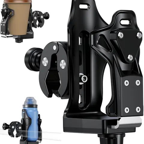Motorbike Handlebar Drink Holder with Enhanced Anti-Theft Design, Adjustable Size, 1.95-3.6" Diameter Range, Secure Metal Clamp, Universal for Motorbikes/Scooters, Compatible with Strollers & Boats, Motorcycle Accessory