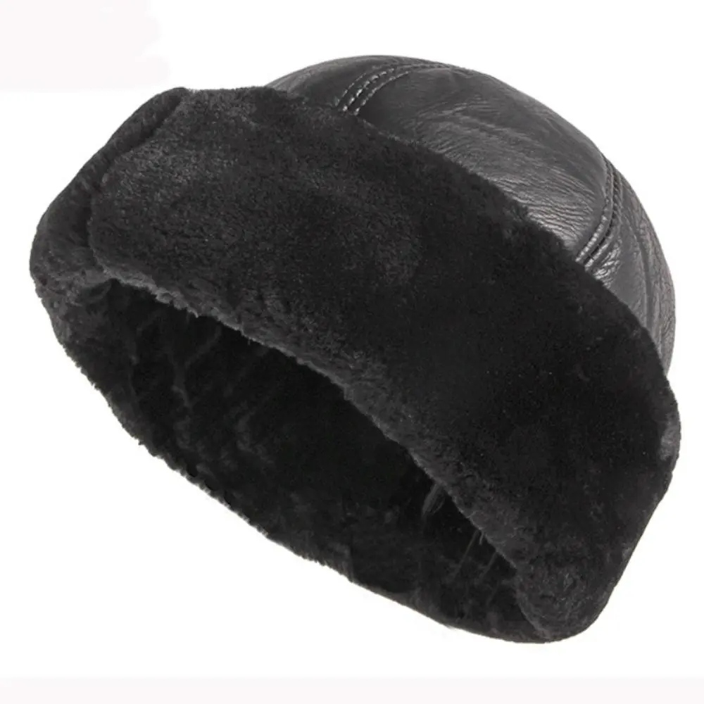 HT4415 High Quality Autumn Winter Cap Hat PU Leather Thick Warm Bomber Hat Solid Black Fleece Lined Russian Cap 6 Panels Fur Hat