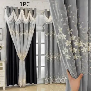 1 pc European-style double-layer 100% blackout fresh small floral curtain, with wavy valance on the top, embroidered sheer curtains in various colors, decorative curtains for living room and balcony, Home Decoration Curtain