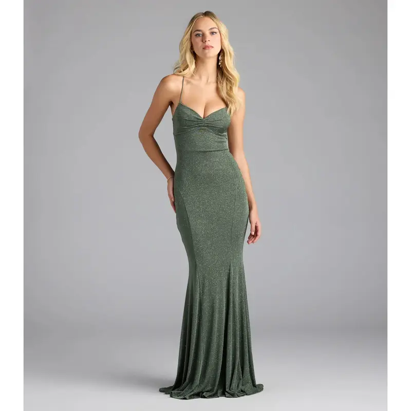 slim fit dress slacks Amiya Lace Up Back Pattern Sequin Gown main image 0