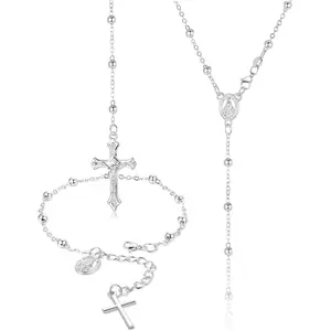 FINREZIO 2 Pcs Silvery Exquisite Catholic Rosary Jewelry Set for Women Men Rosary Necklace Rosary Bracelet with Miraculous Medal Cross Religious Christian Alloy Jewelry Set for Prayer Confirmation Baptism Gift Giving