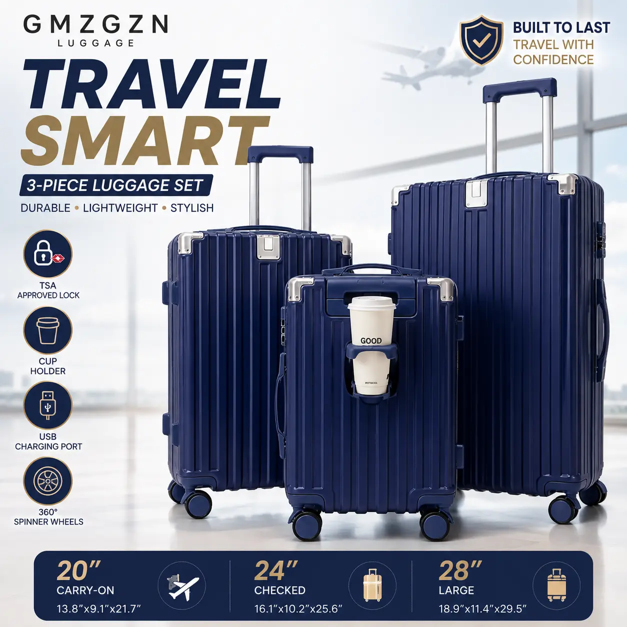 GMZGZN 3-Piece PC+ABS Hardshell Luggage Set with TSA Lock, USB Port, Cup Holder, 20/24/28 Inch Spinner Wheels, TSA Approved Carry On & Travel Luggage Bags, Tsa Approved Carry On Luggage durable pc