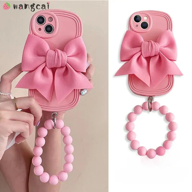 Luxury 3D Bows Shockproof iPhone Case with Bracelet Strap, Wave Pattern Cover Secure Pack for iPhone 13 Pro,15,14 Plus,12,11 Pro Max,Mini,X,XR,XS Max,8,7,6,6s Plus,SE - Protective Mobile Phone Accessory