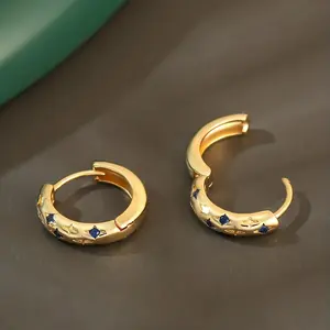 1 Pair Vintage Luxury 14K Golden Plated Copper Circle Earrings with Star and Geometric Design, Synthetic Cubic Zirconia, Nickel-Free, Daily and Gift Occasions, Valentine'S Day Jewelry